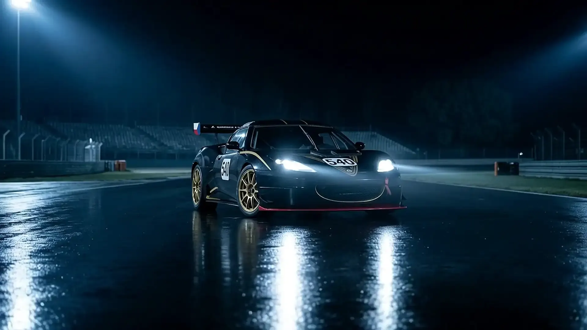 Lotus Evora GT4 zepředu na mokré noční trati